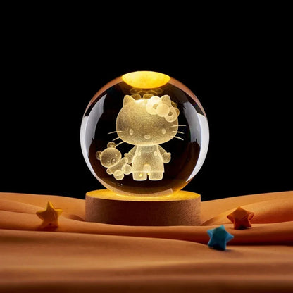 3D Crystal Ball Night Light Featuring Pikachu, Doraemon, and Hello Kitty - Laser Carved Planet Design for Children’s Gifts