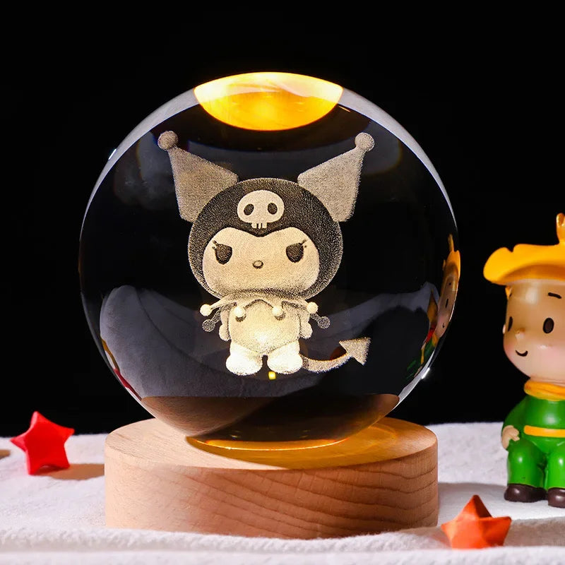 3D Crystal Ball Night Light Featuring Pikachu, Doraemon, and Hello Kitty - Laser Carved Planet Design for Children’s Gifts