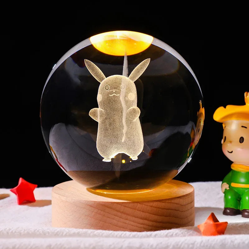 3D Crystal Ball Night Light Featuring Pikachu, Doraemon, and Hello Kitty - Laser Carved Planet Design for Children’s Gifts