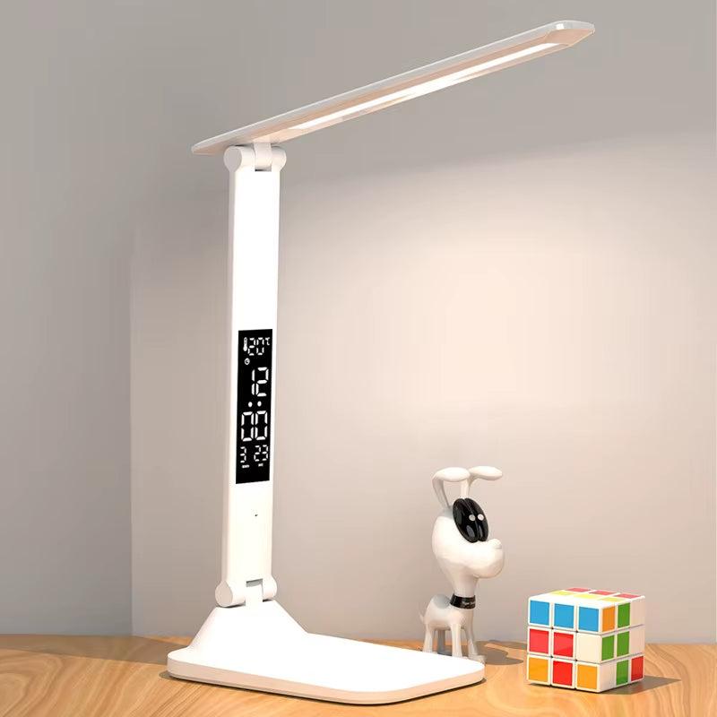 LED Touch-Controlled Foldable Table Lamp with USB Rechargeable Feature, Alarm Clock, Thermometer, and Dimmable Night Light for Study and Reading