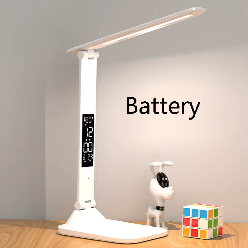 LED Touch-Controlled Foldable Table Lamp with USB Rechargeable Feature, Alarm Clock, Thermometer, and Dimmable Night Light for Study and Reading