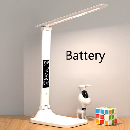 LED Touch-Controlled Foldable Table Lamp with USB Rechargeable Feature, Alarm Clock, Thermometer, and Dimmable Night Light for Study and Reading