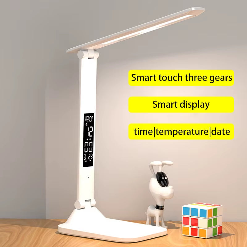 LED Touch-Controlled Foldable Table Lamp with USB Rechargeable Feature, Alarm Clock, Thermometer, and Dimmable Night Light for Study and Reading