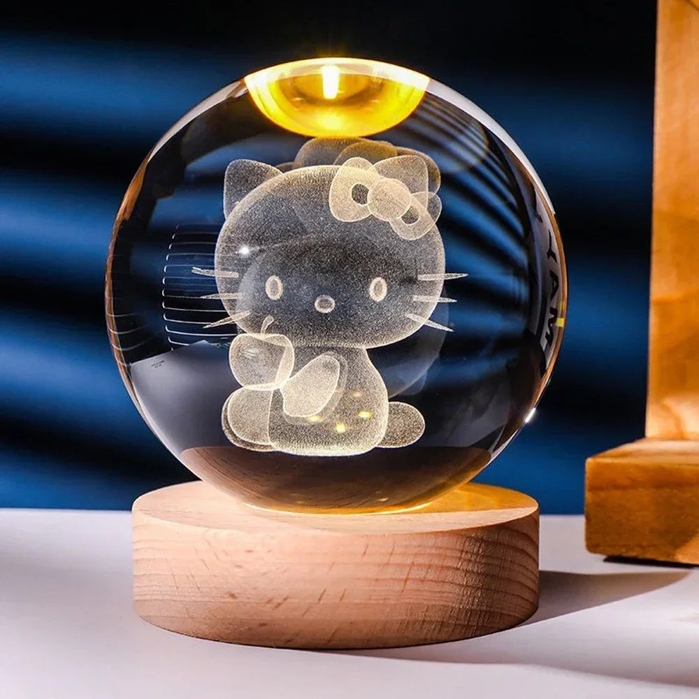 3D Crystal Ball Night Light Featuring Pikachu, Doraemon, and Hello Kitty - Laser Carved Planet Design for Children’s Gifts