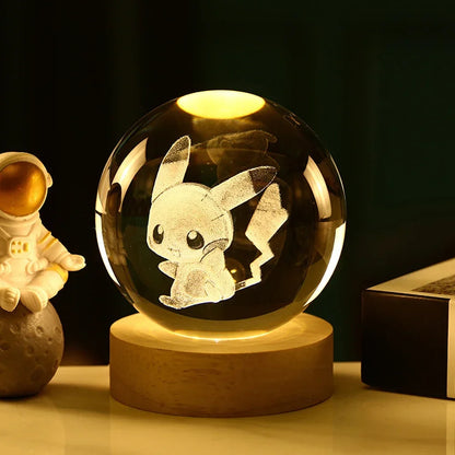 3D Crystal Ball Night Light Featuring Pikachu, Doraemon, and Hello Kitty - Laser Carved Planet Design for Children’s Gifts