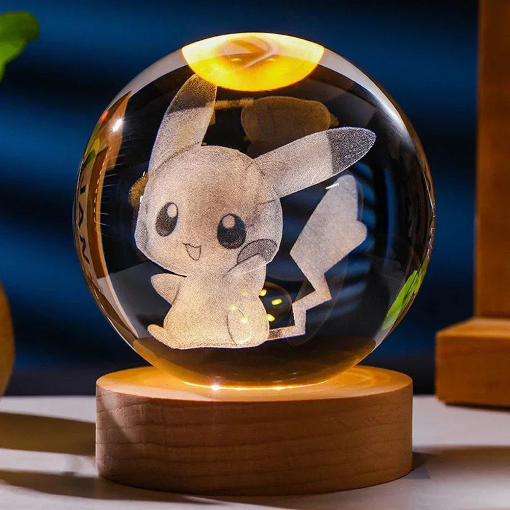 3D Crystal Ball Night Light Featuring Pikachu, Doraemon, and Hello Kitty - Laser Carved Planet Design for Children’s Gifts